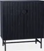 A black cabinet with fluted doors and a circular handle, shown on a white background with thin black legs. Produktbild-Vorschau