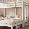 A white bunk bed with three beds, made of wood, with beige and orange bedding and pillows. Náhled obrázku produktu