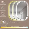 A product image showing an illuminated oval mirror with text overlays and feature callouts. Produktbild-Vorschau