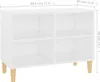 A white TV stand with four compartments and wooden legs, with dimensions indicated by text overlays. Podgląd zdjęcia produktu