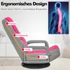 A floor chair with callouts highlighting ergonomic design features. Produktbild-Vorschau