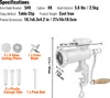 A white manual meat grinder with its accessories and dimensions displayed. Náhľad obrázku produktu