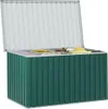 A green outdoor storage box with its lid open, revealing some items inside. Produktbild-Vorschau