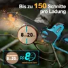 A mini chainsaw cutting a log, with marketing text and graphics highlighting its features. Produktbild-Vorschau