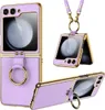 A collage of a purple flip phone case with gold trim, showing it from different angles, including one with a lanyard attached. Produktbild-Vorschau