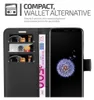A black wallet-style phone case with cards and money inserted, next to a smartphone displaying a dandelion image. Anteprima dell’immagine prodotto