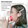 A woman is using a vocal training device while wearing earbuds. Produktbild-Vorschau