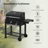 A charcoal grill is shown in a garden setting with people in the background. Feature icons and text are displayed on the right side. Produktbild-Vorschau