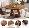 A round wooden dining table with four brown chairs around it, set in a dining room. There are decorative elements and close-up shots highlighting product features. Podgląd zdjęcia produktu
