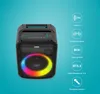 A black portable speaker with a colorful LED light ring, set against a light blue background, with feature callouts on the right. Produktbild-Vorschau