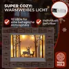A marketing image for a wooden advent calendar with a winter forest scene and deer, featuring LED lights and text highlighting its features. Anteprima dell’immagine prodotto
