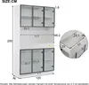 A diagram showing the dimensions of a white cabinet with black frames and glass doors. Produktbild-Vorschau