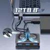 A USB hub is connected to a laptop and an external hard drive, with text indicating 12TB capacity. Produktbild-Vorschau