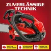 A red and black chainsaw is shown against a red background, with marketing text and feature icons at the bottom. Produktbild-Vorschau