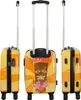 A collage of three images of a suitcase with a Hawaiian tiki design. Produktbild-Vorschau