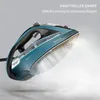 A teal and black Tefal steam iron is shown from a diagonal angle, emitting steam. Produktbild-Vorschau