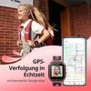 A young girl with a backpack is walking in front of a brick building, while a smartwatch and a smartphone displaying a map are shown in the foreground. Náhled obrázku produktu