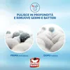 Marketing image showing a before and after comparison of fabric cleanliness, with text and a logo. Produktbild-Vorschau