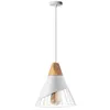 A pendant light fixture with a white shade and a wooden top, suspended from a white ceiling mount. Produktbild-Vorschau