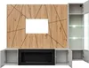 A modern media wall unit with a wood-effect panel, a black fireplace insert, and a glass-fronted cabinet with LED lighting. Produktbild-Vorschau