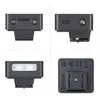 A collage of four images showing different views of a small black camera flash unit. Podgląd zdjęcia produktu