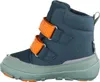 A side view of a single blue and green child's boot with orange velcro straps. Náhľad obrázku produktu