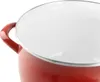 A close-up view of the inside and handle of a red enamel pot. Podgląd zdjęcia produktu