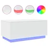 A white coffee table with LED lighting, shown with circular insets demonstrating different light colors and a color wheel. Náhled obrázku produktu