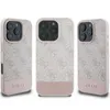 Three views of a pink and gray Guess brand iPhone case with a 4G pattern and bottom stripe. Produktbild-Vorschau