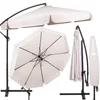 A collage of images showing a beige cantilever umbrella in different states: open, closed, and with its cover. The umbrella is shown with its black metal stand and pole. Anteprima dell’immagine prodotto