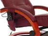 A close-up view of the armrest and side pocket of a burgundy massage chair, showing a remote control and wooden accents. Produktbild-Vorschau