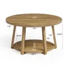 A round, two-tiered coffee table with wooden legs and a wood-grain finish, shown from a slight angle against a white background with measurement annotations. Produktbild-Vorschau
