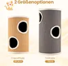 Two cat scratching posts of different sizes are shown side-by-side against a light, gradient background. A cartoon cat illustration is in the top left corner. Produktbild-Vorschau