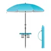 A blue beach umbrella with a table and cup holders, and a folded umbrella in a carrying case, displayed on a white background. Produktbild-Vorschau