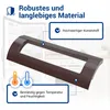 A close-up of a brown refrigerator handle, with text overlays and icons highlighting its features. Produktbild-Vorschau