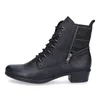 A black leather boot with a plaid shaft and zipper detail. Voir les images du produit
