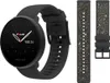 A black Polar Ignite 2 smartwatch is shown next to two interchangeable watch straps, one black and one with a glittery design. Náhled obrázku produktu