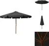 A black patio umbrella with a wooden pole is shown from multiple angles against a white background. Produktbild-Vorschau
