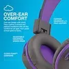 Close-up marketing image of purple and gray headphones with text overlays describing features. Produktbild-Vorschau