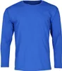 A plain blue long-sleeved t-shirt is shown against a white background.