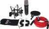 A collection of audio equipment, including a microphone, shock mount, pop filter, cables, and a carrying bag, laid out on a white background. Podgląd zdjęcia produktu