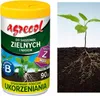 A product container for plant fertilizer next to an illustration of a plant seedling with its roots. Produktbild-Vorschau