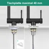 Two diagrams showing how to install a kitchen faucet, illustrating different countertop thicknesses. Produktbild-Vorschau