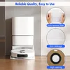 A white robot vacuum cleaner docked in its charging station, with close-up images of dust bag materials and features. Produktbild-Vorschau