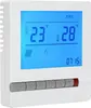 A white thermostat with a blue LCD screen displaying temperature and time, set against a white background. Voir les images du produit