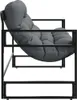 A side view of a gray tufted garden bench with a black metal frame, isolated on a white background. Náhled obrázku produktu