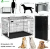 A collage of images showing dog crates of various sizes, a silhouette of a dog, a person, and three dogs of different breeds. Produktbild-Vorschau