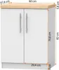 A diagram showing the dimensions of a white cabinet with a wooden top. Produktbild-Vorschau