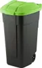 A black and green trash can with wheels is shown against a white background. Voir les images du produit