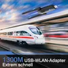 A high-speed train and a USB WLAN adapter against a dynamic sky background. Produktbild-Vorschau